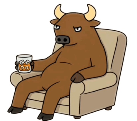 BOOL, the cartoon bull relaxing with a drink